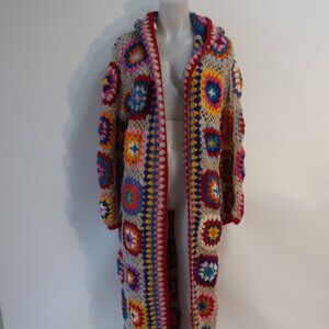 NWT Womens Tina Demel Tan Multicolor Long Open Hooded Duster Cardigan Sweater OS